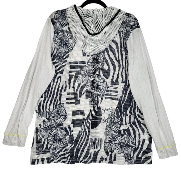 Zenergy by Chico's Size 2 Womens Large Zip Front Hooded Jacket Black White Mesh - Picture 2 of 10